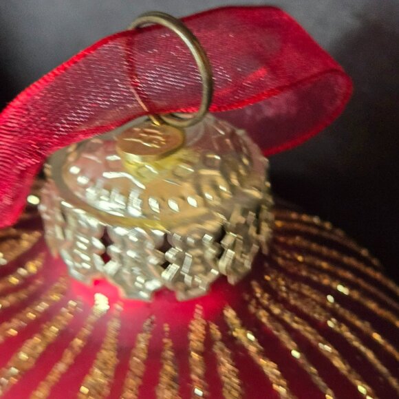 Frontgate Red Glass Christmas Ornaments Set 2 Gold Glitter Dot Stripe Design 4" - Picture 4 of 8